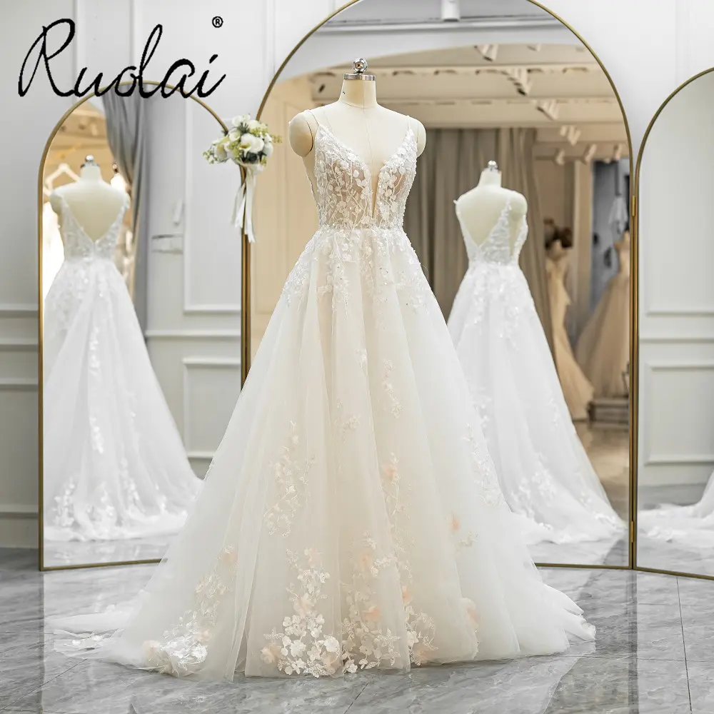 Ruolai QW01836 cuello en V rebordear encaje espagueti novia bata vestidos de novia de lujo 2024 y de moda para novia