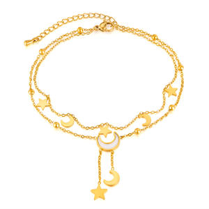 Nueva <span class=keywords><strong>Tobillera</strong></span> de Acero Inoxidable Impermeable con Doble Capa Chapada en Oro de 18K, Diseño de Estrella y Luna, Regalos de Moda para Mujeres, Fiestas de Verano - Product Image 1