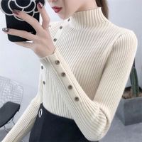 Pulls en tricot fins pour femmes K105, tricotés, doux, élastiques, couleur unie, col roulé, manches longues, boutons