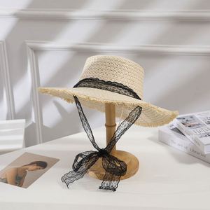 <b>Summer</b> Seaside Vacation Wide-brimmed Burlap Flutter Tie Woven Straw Sun <b>Hat</b> Flat Top Sun Beach Girls Straw <b>Hats</b> <b>for</b> <b>Women</b> - Product Image 4