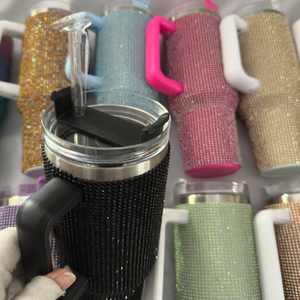 Mug de voyage isotherme de luxe en acier inoxydable, gobelet sous vide diamanté avec paille et poignée, 40 oz, orné de cristaux étincelants - Product Image 4
