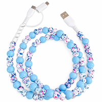 Câble de charge rapide USB-C 3-en-1 personnalisé bleu ciel moucheté avec perles, accessoires décoratifs frais pour voiture