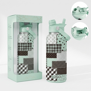 Bouteille d'eau isotherme en acier inoxydable 2-en-1 avec couvercle à paille rabattable, 18oz, 24oz, 32oz, 40oz, pour le sport et les activités de plein air - Product Image 1