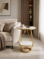 Table basse ronde moderne en pierre frittée, portable, avec cadre en fer géométrique couleur or champagne et étagère de rangement inférieure, directement de l'usine