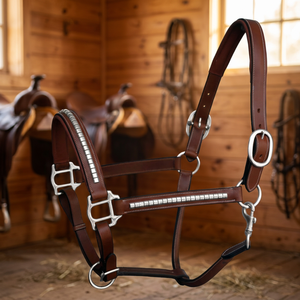 Harnais en cuir véritable, collier de cheval en cuir, selle anglaise, finition cousue style western, accessoires en laiton nickelé, rembourré - Product Image 3