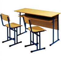 Ensemble de bureau et chaise d'école 3 places, bureau d'élève avec tiroir de rangement, structure métallique, plateau en bois, mobilier scolaire
