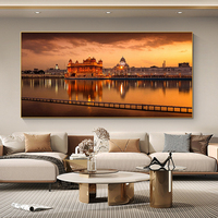 Tableaux muraux religieux indiens : Peinture sur toile Paysage du Temple d'Or Sikh avec cadre – Décoration d'intérieur de luxe