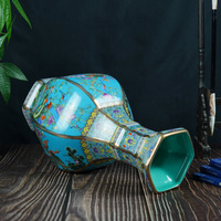 Vase en céramique hexagonal à motif floral de paon, nouveau style chinois, ornement de décoration intérieure en bois rouge