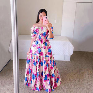 Mode dames longue été une épaule robe florale femmes vêtements Textile robes décontractées femmes Maxi robes - Product Image 5