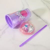 Gobelet en plastique à double paroi sans BPA de 450 ml avec impression de lapin et d'ours de dessin animé, couvercle à dôme avec paille, anti-fuite, paillettes argentées, mini lapin
