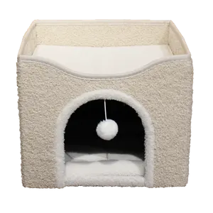 smart foldable indoor pet bed with fluffy ball hanging and scratch pad cat indoor house