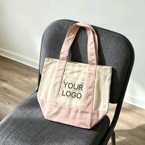 Personalized Embroidered Logo Reusable Striped <b>Mini</b> <b>Canvas</b> Shopping Tote Long Handle Pocket for Beach Travel - Product Image 1