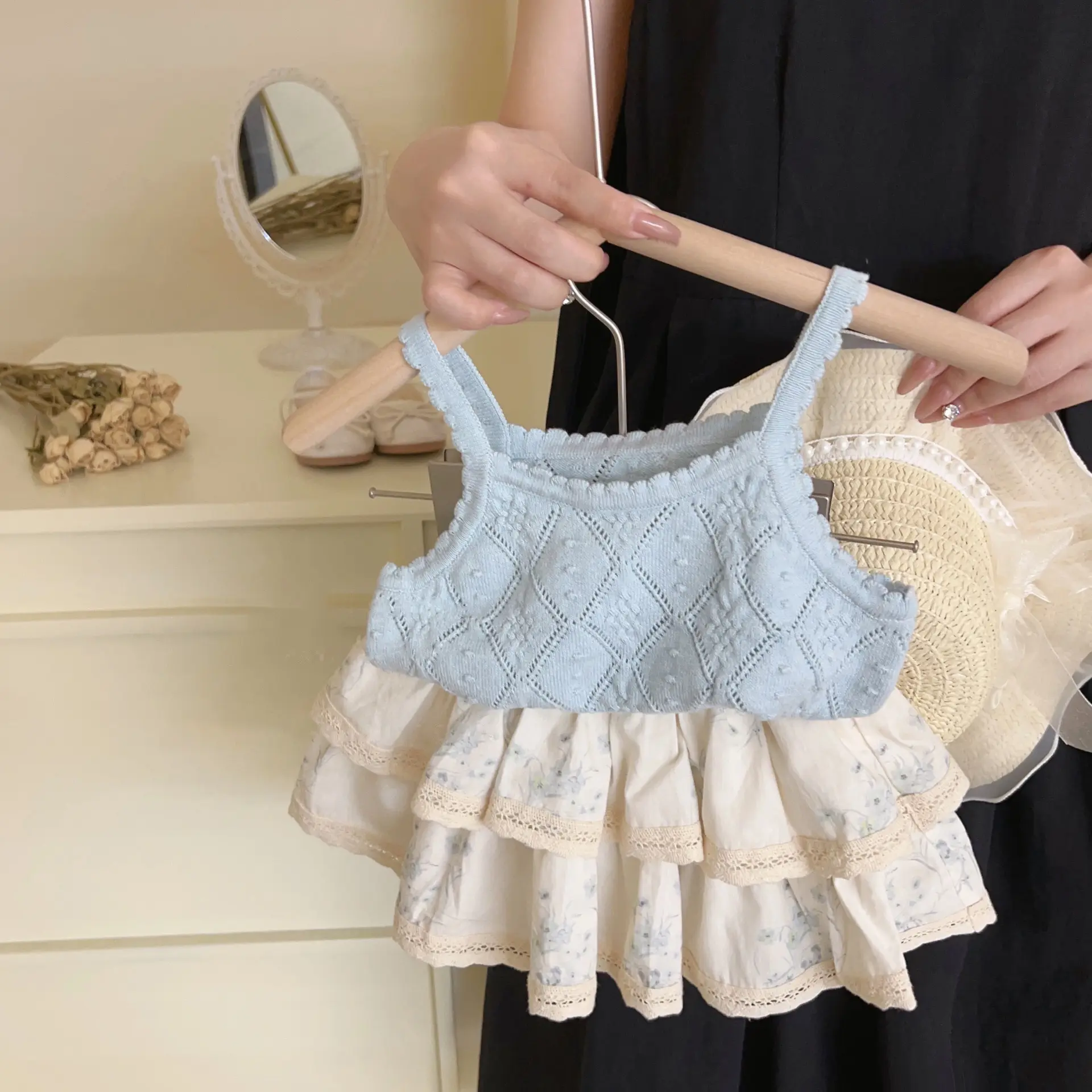 Girls' Suit Summer Sweet Cute Children'S Knitting Camisole Lace Skirt 2-Piece Fashionable Baby Clothes