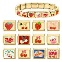Bracelet à breloques modulaire DIY en acier inoxydable électroplaqué, série Cerise Fraise, délicat, personnalisé et créatif, avec base dorée