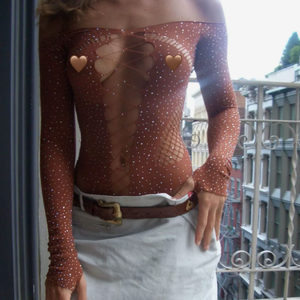 Lingerie sexy pour femme, moulante, tendance, brillante, ajourée, à manches longues, style vintage, en maille et strass, type bikini - Product Image 5