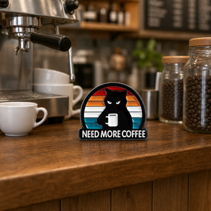 Spilla in smalto duro 'Need More Coffee' con gatto nero, strisce retrò e tramonto, graziosa spilla in metallo, regalo per amanti dei gatti e del caffè, spille all'ingrosso - Product Image 4