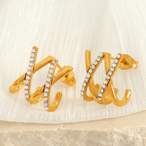 X Letter <b>Stud</b> <b>Earrings</b> Gold Zircon Channel Setting Everyday Wear - Product Image 3
