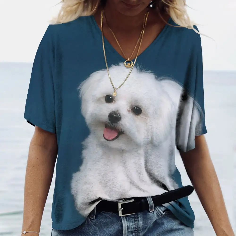 3D lindo perro estampado Mujer cuello en V Top manga corta Camisetas verano Casual encantador Harajuku versátil Y2K ropa