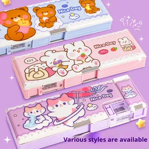Caja de papelería multifuncional de doble capa Simple 2025, estuche de lápices de plástico de dibujos animados para niños y niñas de primaria, venta al por mayor - Product Image 3
