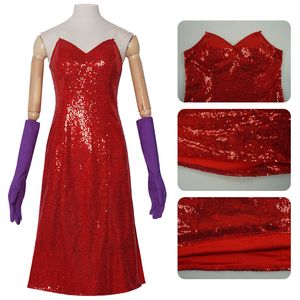 Abito Cosplay di <span class=keywords><strong>Jessica</strong></span> da 'Chi ha accusato Roger Rabbit?' con Spacco Alto, Vestito Rosso con Paillettes e Guanti Viola, Costume per Halloween - Product Image 4