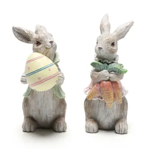 定制一套2个乡村复活节兔子装饰品、手绘树脂复活节兔子雕像和胡萝卜鸡蛋雕像