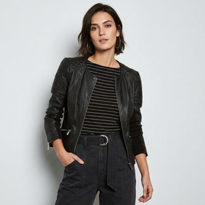 Chaqueta de Invierno Elegante para Mujer, Acolchada, de Cuero Negro, Cuello Alto, Estilo Moderno, Transpirable, Impermeable y Resistente al Viento - Product Image 1