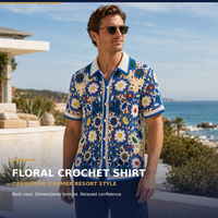 Chemise en crochet pour homme 100% acrylique, dentelle florale ajourée, tricotée, manches courtes, boutonnée, été, plage, resort, vente en gros, OEM