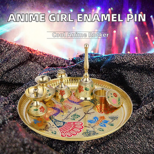 <b>Gold</b> Plated Brass Prayer Tray With Bell And <b>Candle</b> Holders Floral Enamelled Circular Puja Plate For Home Decor - Product Image 2