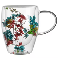 Tasse à café en verre à double paroi créative en borosilicate de 350ml en stock Tasses en céramique avec motif de fleurs séchées