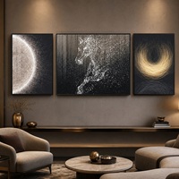 Triptyque mural Cheval Noir, design à particules argentées, pour hôtel, salon, réception, décoration intérieure moderne de salon