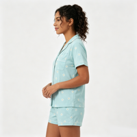 Pyjama décontracté d'été pour femme, col en V, manches courtes, en coton bambou et élasthanne, imprimé sur mesure, respirant, tricoté, doux et lavé, ODM