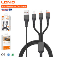 Cable de Carga Rápida 3 en 1 LDNIO LC96u, Precio al por Mayor, Compatible con Conectores Tipo-C, Micro e iOS, 4.2A Máx., Trenzado Metálico, 1.2M