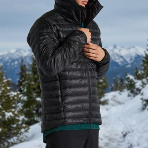 Veste d'hiver pour homme, noire, à capuche, rembourrée en duvet, coupe-vent, fermeture éclair, décontractée, pour l'extérieur, coupe régulière, en nylon - Product Image 5