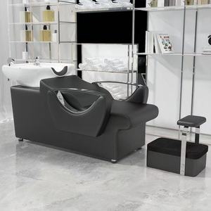 Barbershop Semi <b>Reclining</b> Shampoo Bed <b>Leather</b> <b>Chair</b> with Ceramic Basin Footrest - Product Image 1