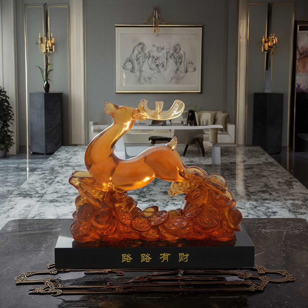 Стеклянная фигурка Liuli Fengshui благоприятное животное олень с литой, декоративное деловое ремесло