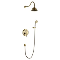 Ensemble de douche encastré 3 voies en laiton antique avec pommeau de pluie rond, bras courbé, robinet encastré rond et douchette vintage
