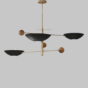 Lustre Sputnik de luxe de style mid-century, combinaison laiton et bois, 3 lumières, avec abat-jour noirs, style moderne - Product Image 6