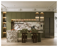 Ensemble de cuisine avec armoire murale en mélamine laquée, style français personnalisé, porte cintrée, dalle de marbre couleur vert sauge, verre cannelé
