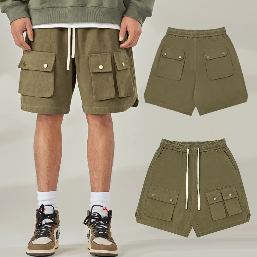 OEM Custom 100% Cotton Tall Big Men's shorts elastic waist flap pocket camo shorts with string Wide Leg streetwear cargo shorts