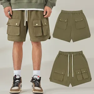 Oem Custom 100% Katoenen Lange Grote Heren Short Elastische Tailleflap Pocket Camo Short Met String Streetwear Cargo Shorts