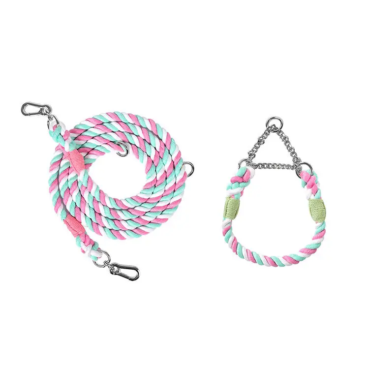 Mode Polyester coton multicolore personnalisable logo étiquette volante mains libres chien laisse et collier avec boucles en alliage