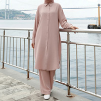 Ensemble deux pièces en mousseline pour femmes musulmanes modestes, vêtements islamiques, tunique à manches longues boutonnée, pantalon large, couleur unie, style décontracté, Dubaï
