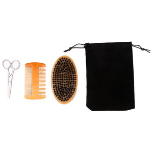 Wanmei Beard Care 3-Piece Set Wood Brush Double-Sided Comb <b>Shaving</b> Scissors For Men Grooming <b>Kit</b> Natural Look - Product Image 4