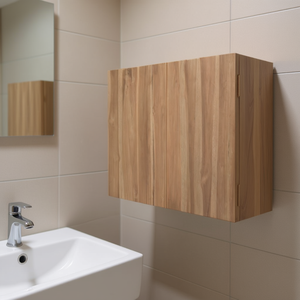 Armoire de salle de bain murale en teck naturel massif, rectangulaire, à un seul niveau, finition vernie - Product Image 2