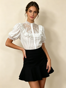 Chemisier Femme Élégant à Col Montant en Dentelle, Manches Courtes Bouffantes, Volants et Boutons – Idéal pour le Bureau - Product Image 2