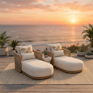 Chaise longue d'extérieur moderne en bois, lit de repos rembourré pour patio, piscine, hôtel, jardin - Product Image 2