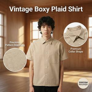 Camisa de Manga Corta Estilo Japonés a Cuadros en Contraste, Personalizada para Empresas, con Mangas Enrolladas - Product Image 1