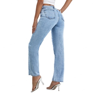 Jeans en denim personnalisés pour femmes, coupe droite, taille haute, extensibles, évasés, style bootcut, avec perles, vente en gros - Product Image 4