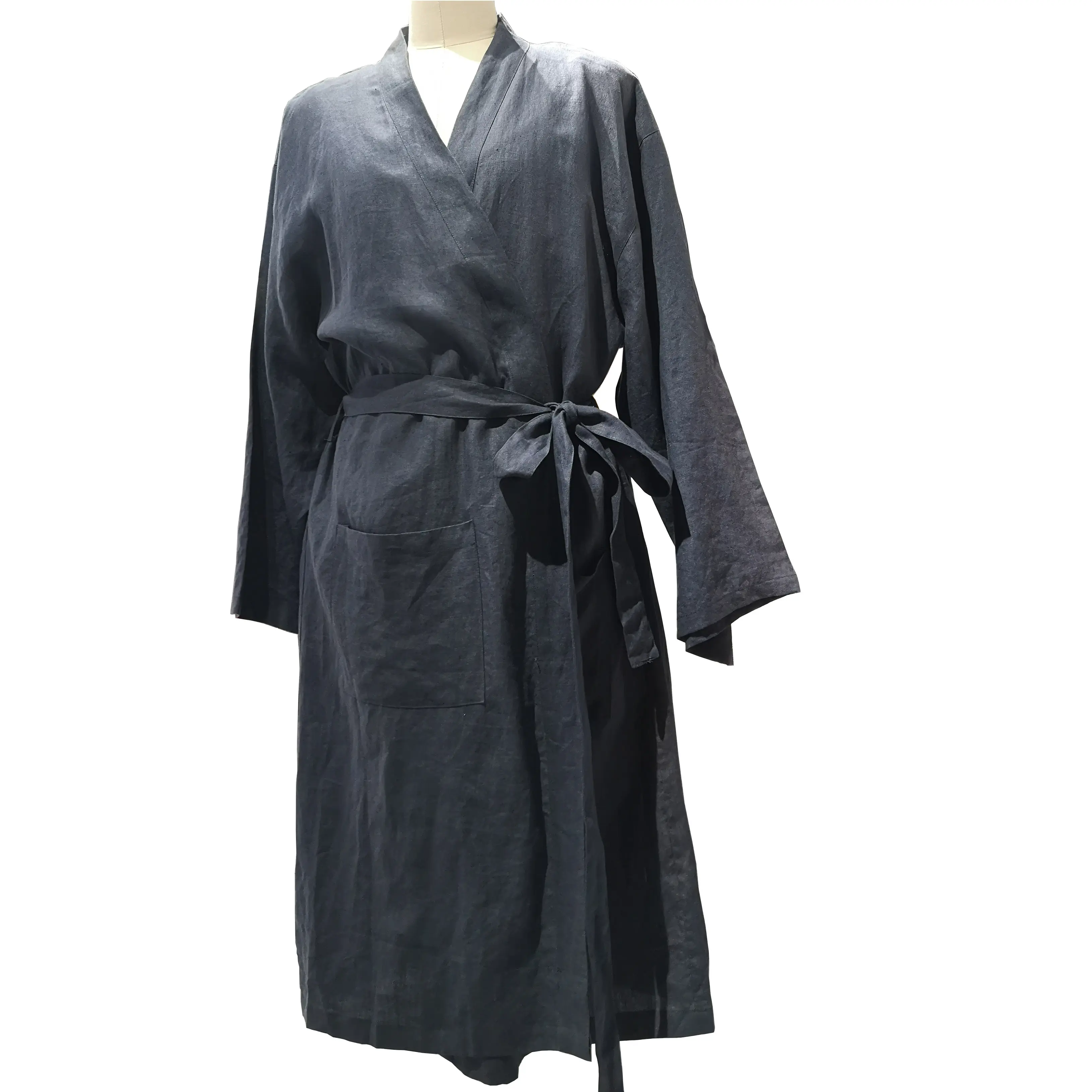 2024 new fashion Four Seasons 100% French flax linen nightgown kimono soft pre-washed bathrobe men linen robes