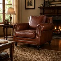 Fauteuil individuel de luxe vintage en cuir pleine fleur marron avec pieds en bois massif, chaise de réception pour hôtel et salon